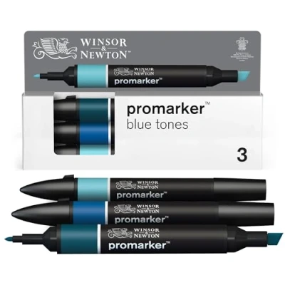 Abbildung von Winsor &amp; Newton 0290183 ProMarker Set Blautöne, 3 Layoutmarker im Set, mit 2 Spitzen, fein und breit für Zeichnungen, Design Layouts