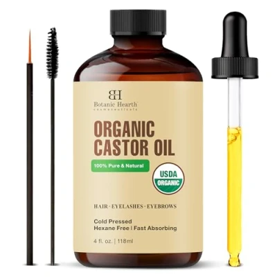 Abbildung von Botanic Hearth Castor Oil USDA Certified Organic 100% Pure &amp; Hexane Free Cold Pressed Growth for Eyelashes, Eyebrows, Hair With Eyebrow Eyelash Brush 4fl oz