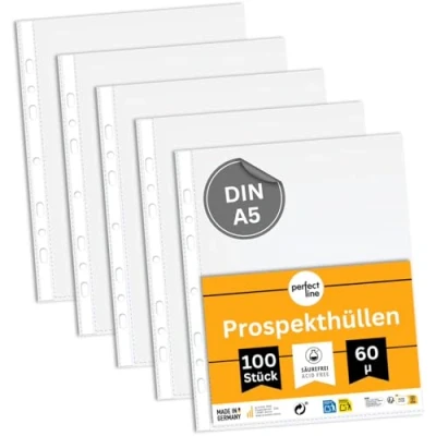 Abbildung von perfect line 100 Prospekthüllen DIN A5, Klarsichtfolien transparent, genarbt, 60 my stark, Made in Germany