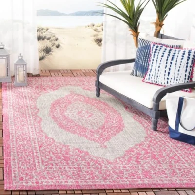 Abbildung von SAFAVIEH Zeitgenössische Teppich für Wohnzimmer, Esszimmer, Schlafzimmer Courtyard Collection, Kurzer Flor, Hellgrau und Fuchsia, 160 X 231 cm