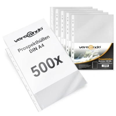 Abbildung von versando 500x A4 Prospekthüllen Business mit Heftrand Klarsichthüllen genarbt transparent 60my (5x 100 Stück)