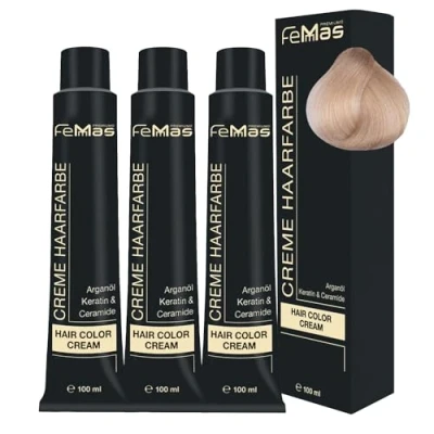 Abbildung von FemMas Haarfarbe 3x Hell Lichtblond 10 I Professionelle Creme mit Arganöl, Keratin &amp; Ceramiden Als dauerhafte Haarfärbung oder Tönung für strahlende, haltbare Farbergebnisse 100 ml