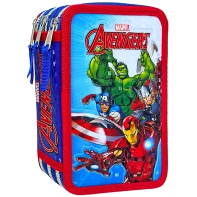Abbildung von Clondo 3D Federmäppchen mit 3 Fächern für Kinder, Avengers Fan, dreifach gefüllt, 44 Schulzubehör, Reißverschlüsse, 20 cm, Lineal, Buntstifte, Filzstifte