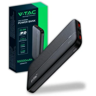 Abbildung von V TAC Power Bank 10.000 mAh mit Schnellladung PD 22,5 W PowerBank externer Akku dünn USB Type C Anschluss und 2 A Anschlüssen kompatibel iPhone, iPad, Samsung, Xiaomi Schwarz