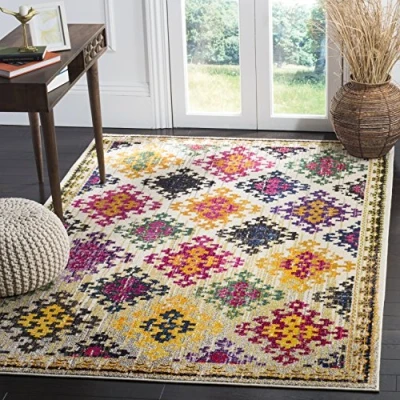 Abbildung von SAFAVIEH Boho Teppich für Wohnzimmer, Esszimmer, Schlafzimmer Monaco Collection, Kurzer Flor, Elfenbein und Multi, 122 X 183 cm
