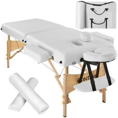 Abbildung von tectake Massageliege 2 Zonen, klappbar, Massagetisch mit 7,5cm Polsterung, Mobile Massageliege, Kopf und Armstütze, Massagebank Holzfüßen, Lagerrungsrollen, Tragetasche weiß