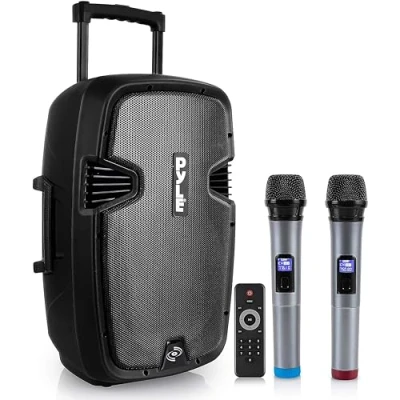 Abbildung von Pyle Karaoke tragbares PA Lautsprechersystem 1600 W Aktiv Powered Bluetooth,kompatibel mit Lautsprecher, wiederaufladbarer Akku, Easy Carry Wheels, USB MP3 RCA, FM Radio, 2 UHF Mikrofon, Fernbedienung