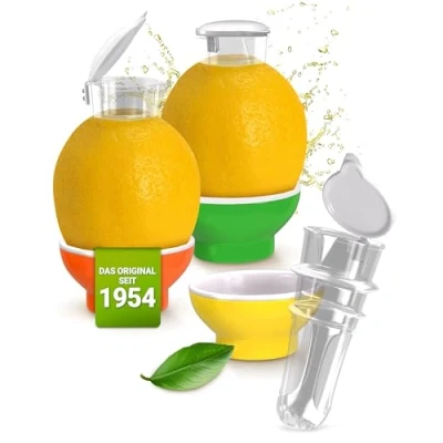 Abbildung von 3 x Patent Safti Zitronenpresse Zitronen Ausgießer Orangen Limetten Entsafter Manuelle Saft Presse Citruspresse (Gelb Orange Grün)