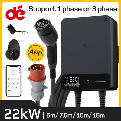 Abbildung von dé Typ 2 Wallbox 22kW mit APP und RFID, 6 32A 3 Phasen EV Ladegerät 400V 12,5m Ladekabel Kabelhalter für BEV/PHEV, RCD B &amp; IP54 Schutz, effiziente Ladestation Zuhause, schwarz