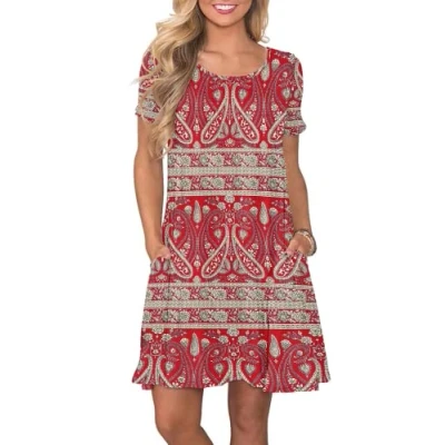 Abbildung von AUSELILY Damen Kleider Sommer Kurzarm Shirtkleider Kurz Sommerkleider Leicht Freizeitkleid mit Taschen Rosa Sonnenblume M