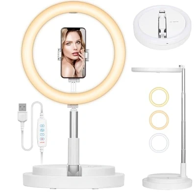 Abbildung von TARION Ringlicht mit Stativ LED Ringleuchte: Tisch Ring Light 11,8 Zoll Ringlampe Lichtring Faltbare Ringlight Handyhalterung Handy für Smartphone Video Fotografie Live Steaming(Weiß)