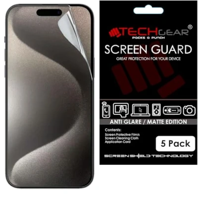 Abbildung von TECHGEAR Displayschutzfolie für iPhone 15 Pro, matt, blendfrei, mit Reinigungstuch und Applikationskarte, kompatibel Pro 15,5 cm, 5 Stück