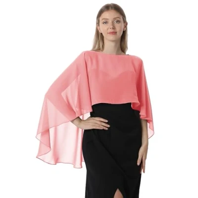 Abbildung von Hotshawl Capelets für Frauen Chiffon Cape Schals und Wraps Abendkleid Hochzeit Umhänge Cover Up, Koralle, Einheitsgröße