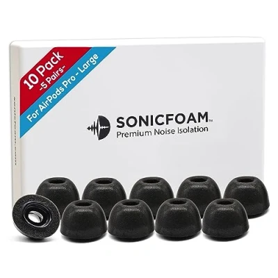 Abbildung von SONICFOAM Memory Schaum Ohrhörer Aufsätze Prämie Geräuschisolierung, Ersatz Ohrhöreraufsätze aus Schaumstoff, 10 Stück für Air pods Pro (SFAIR groß, Schwarz)