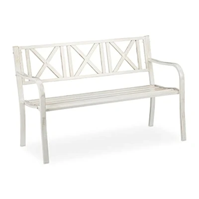 Abbildung von Relaxdays Gartenbank, 2 Sitzer, Terrasse, Balkon, Stahl, stabile Garten Sitzbank, HxBxT: 80,5 x 127 63 cm, weiß bronze