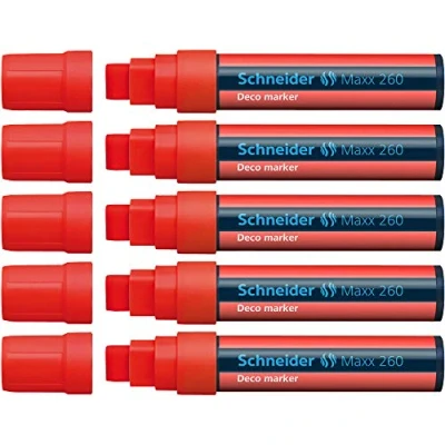 Abbildung von Schneider Maxx 260 Kreidestift (5 + 15 mm Strichstärke, feucht abwischbar, wasserbasiert, geruchsneutral) 5er Pack rot