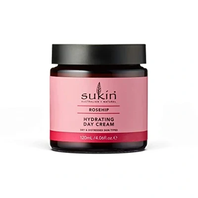 Abbildung von Sukin Australian Natural Rosehip feuchtigkeitsspendende Tagescreme, pflegt trockene Haut, mit Hagebutte, Buschpflaume, Granatapfel und Avocado, für Gesicht, Hals Dekolleté, vegan, 120 ml