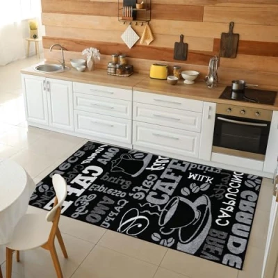 Abbildung von VIMODA Küchenteppich Teppichläufer Coffee Design Modern Kaffee Muster in Schwarz ideal für die Lounge oder Küche, Maße:160x220 cm