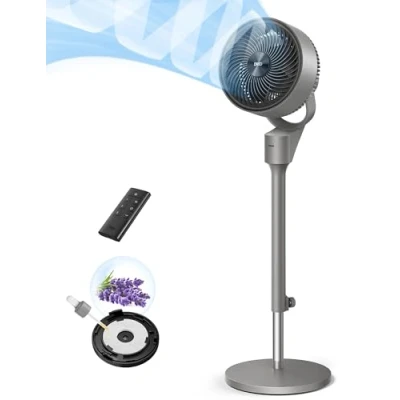 Abbildung von Dreo Leiser Standventilator, 1444m3/h Luftvolumen oszillierende Ventilator, 3 Stufen 6H Timer Turmventilator mit Fernbedienung, Luftzirkulation in Min für Schlafzimmer, Duftfunktion frische Luft