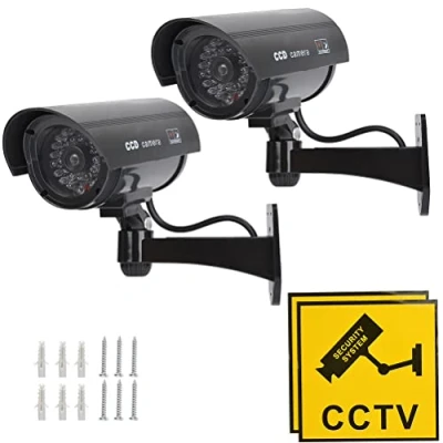 Abbildung von TIMESETL 2 Stück Attrappe Kamera CCTV Dummy Überwachungskamera mit Rot Blinkender LED Fake Sicherheitskamera Schwarz