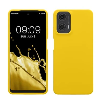 Abbildung von kwmobile Hülle kompatibel mit Motorola Moto G24 / E14 G04 G04s Silikon Handy Case Handyhülle weiche Oberfläche kabelloses Laden Strahlend Gelb