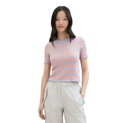 Abbildung von TOM Tailor Denim Gestreiftes Tshirt print, Damen, Größe: Large, Terracotta mid blue stripe