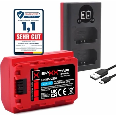 Abbildung von Baxxtar Pro NP FZ100 2400mAh Kamera Akku (Generation IV) Laden mit Mini LCD DUAL Gerät Eingang USB C/MicroUSB kompatibel Sony FX30 Alpha 6700 7 IV 7c II 7CR 7R V ZV E1 etc.