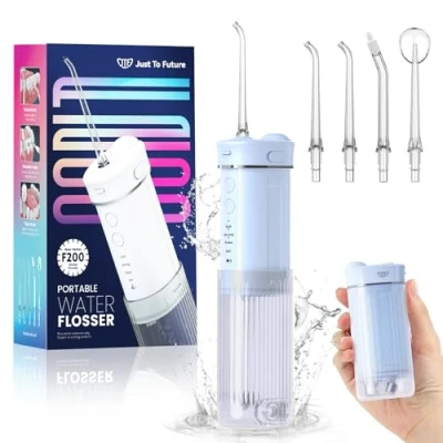 Abbildung von JTF Munddusche Mini, Tragbar Elektrische Zahnreinigung Kabellos, Reise Zahnzwischenraumreiniger mit 5 Ersatzdüsen, 4 Modi Water Flosser, 230ML Versenkbarer Wassertank, IPX7 Wasserdicht(Blau)