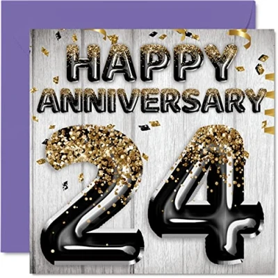 Abbildung von Tolle Karte zum 24. Jahrestag für Ehemann Freund Ehefrau Freundin schwarz goldene Glitzer Luftballons Happy 24 Anniversary Karten aus der Familie 145 mm x Grußkarten Jubiläen