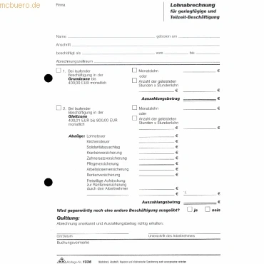 Abbildung von RNKVERLAG 1336 Lohnabrechnung für geringfügig und Teilzeit Beschäftigte, Block mit 50 Blatt, DIN A5