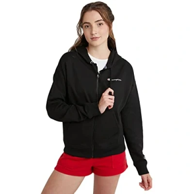 Abbildung von Champion Damen Full Zip Powerblend Fleece Hoodie Sweatshirt (Übergröße erhältlich) Kapuzenpullover, Schwarze kleine Schrift, S