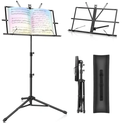 Abbildung von Notenständer Klappbar Stabil 2 in 1 Doppelnutzung Gitarre Höhenverstellbar Notenpult mit Tragetasche Music Stand für Kinder und Erwachsene