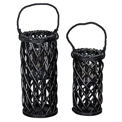 Abbildung von levandeo 2er Set Laterne Windlicht H40cm H31cm Schwarz Holz Weiden geflochten Glaseinsatz Kerzenhalter Garten Deko