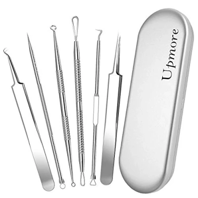 Abbildung von Upmore Pickel Werkzeug Set, Mitesserentferner, professionelle Edelstahl Akne, Hautunreinheiten, Komedonen Entfernungswerkzeug, mit Metallgehäuse und Pinzette, für Whitehead Akne auf der Nase, Gesicht