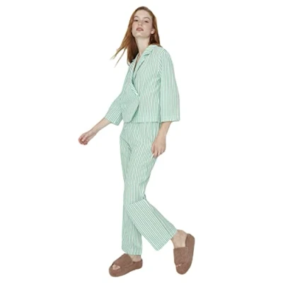 Abbildung von Trendyol Damen Women&#039;s Striped Middle Woven Fabric Shirt Trousers Pyjamas Pajama Set, Grün, 38 EU