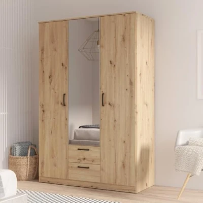 Abbildung von Forte NIKO Klassischer Kleiderschrank aus Holzwerkstoff, Artisan Eiche Dekor mit Spiegel, 122 cm breit x 185 hoch 52,7 tief