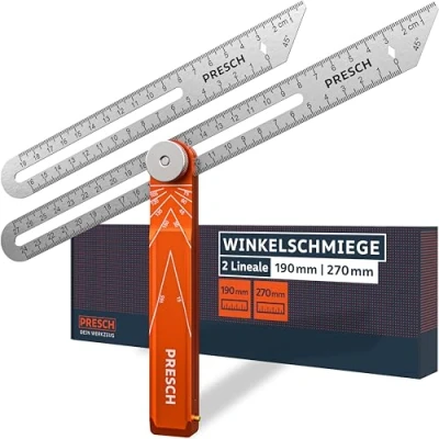 Abbildung von Presch Winkelschmiege inkl. Zusatzlineal 190mm &amp; 270mm Extrem präzise Winkel übertragen Verstellbare Schmiege mit Streichmaß Funktion aus präzisionsgefrästem Aluminium und Edelstahl