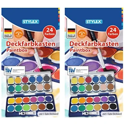 Abbildung von Stylex 28179 Deckfarbkasten mit 24 Wassermalfarben und Einer Tube Deckweiß, Abnehmbarer Deckel 6 integrierten Feldern zum Mischen, ohne Pinsel (5)
