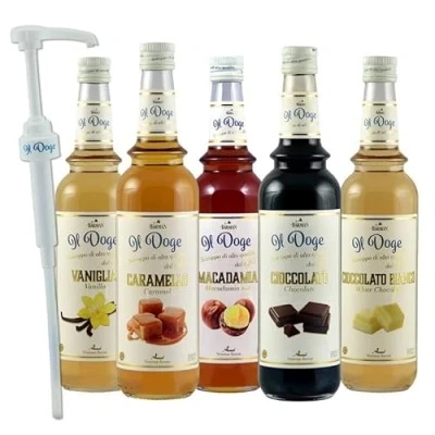 Abbildung von Il Doge Kaffee Sirup Set 5 x 0,7 Liter incl. Dosierpumpe Alkoholfrei / Glutenfrei Halal
