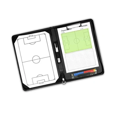 Abbildung von SPORTIKEL24 Organisationsmappe Taktikmappe für Fußball, 23 x 34 cm, schwarz, Tactic Board, Trainermap, Außen aus Leder, Farbe innen Spielfed Kunsstoff