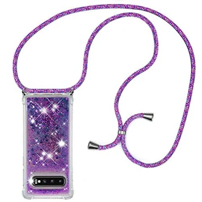 Abbildung von HongMan Handykette Hülle für Samsung Galaxy S10 Plus Quicksand Glitzer mit Band Silikon Handyhülle Kordel Umhängenband Schnur Treibsand Case zum Umhängen