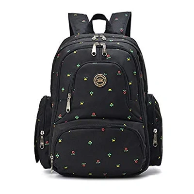 Abbildung von Wickelrucksack Wickeltaschen Mutter Rucksäcke inklusive Wickelauflage, Taschenbefestigungssystem für den Kinderwagen (Schwarz Blumen)
