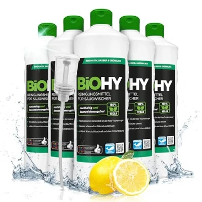 Abbildung von BiOHY Reinigungsmittel für Saugwischer mit Frischeduft (6 x 1 Liter) + Dosierer 1:200 Konzentrat alle Nass Trockensauger ideal Fliesen, PVC, Parkett, Laminat &amp; Teppich streifenfreier