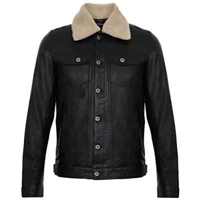 Abbildung von Infinity Leather Herren Schwarze Lederjacke Trucker Abnehmbarer Schaffell Sherpa Kragen Beiläufig Jeans Mantel XL