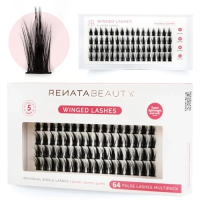 Abbildung von Renata Beauty Winged Lashes 64er Multipack, Verschiedene Längen (10mm, 12mm, 14mm), Dramatischer Flügeleffekt, C Krümmung, Einfach Anzuwenden, Wiederverwendbar, Ideal für Auffällige Make up Looks