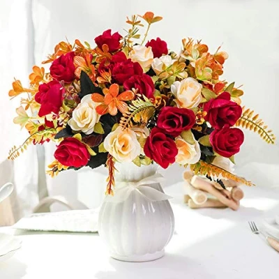 Abbildung von LESING künstliche Kunstblumen mit Vase, Seide, Rosen, Hochzeitsblumen, Blumensträuße für Zuhause, Büro, Party, Meetingraum, Dekoration (rot 1)