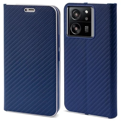 Abbildung von Moozy hülle xiaomi 13t pro und 13t, Carbon Metallischer Kantenschutz Klapphülle, handyhülle für mit Kartenfach Standfunktion, Dunkelblau