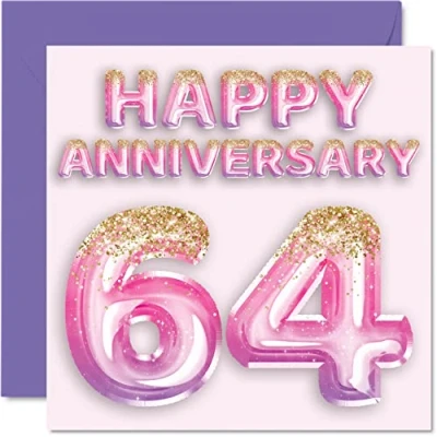 Abbildung von Stuff4 Hübsche Karte zum 64. Jahrestag für Ehefrau, Freundin, Ehemann, Freund, rosa lila Glitzer Luftballons Happy 64 Jahrestagskarten aus der Familie, 145 mm x Grußkarten Jubiläen