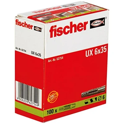 Abbildung von fischer Universaldübel UX 6 x 35, Schachtel mit 100 Nylondübeln, Allzweckdübel ohne Rand, für optimalen Halt bei Befestigungen in Beton, Gipskarton, Kalksand Lochstein uvm., Standard