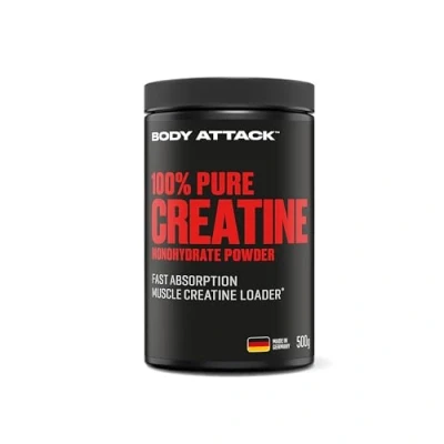 Abbildung von Body Attack Creatin Monohydrat 500 g Pulver Made in Germany hochwertiges mikrofeines Kreatin Reines zum Selbstdosieren Vor/nach dem Training gute Löslichkeit
